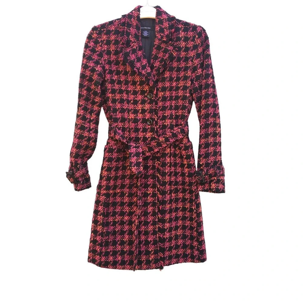 Calvin Klein Women's Size Small Pink Plaid Button Wool Blend Long Tweed Jacket